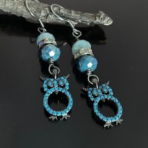 #64 Handmade Blue Cubic Zirconia Owl Charm Beaded Dangle Earrings